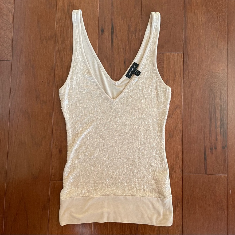 bebe Sequin Tank Sleeveless Top Cream V Neck